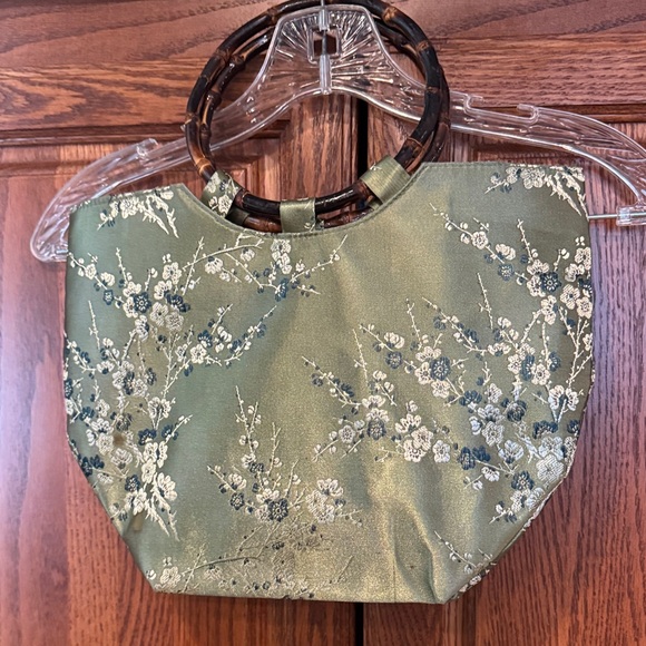 Handbags - Oriental Green Floral Embroidered Handbag with Bamboo Handles- like NEW!